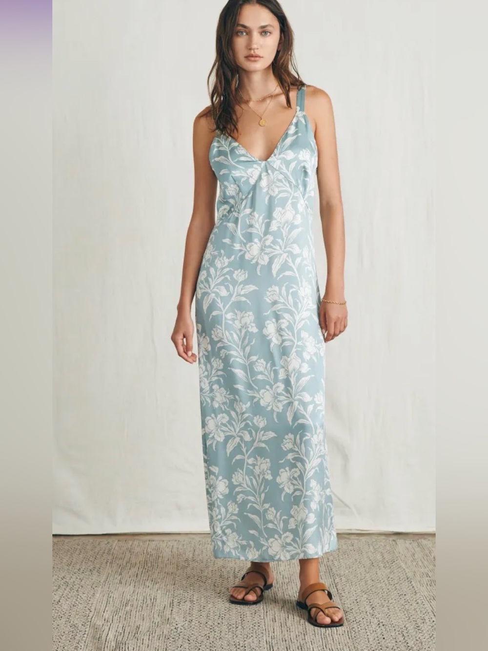 Faherty Sandwashed Silk Slip Maxi Dress - silver blue chiyoda floral NEW NWT